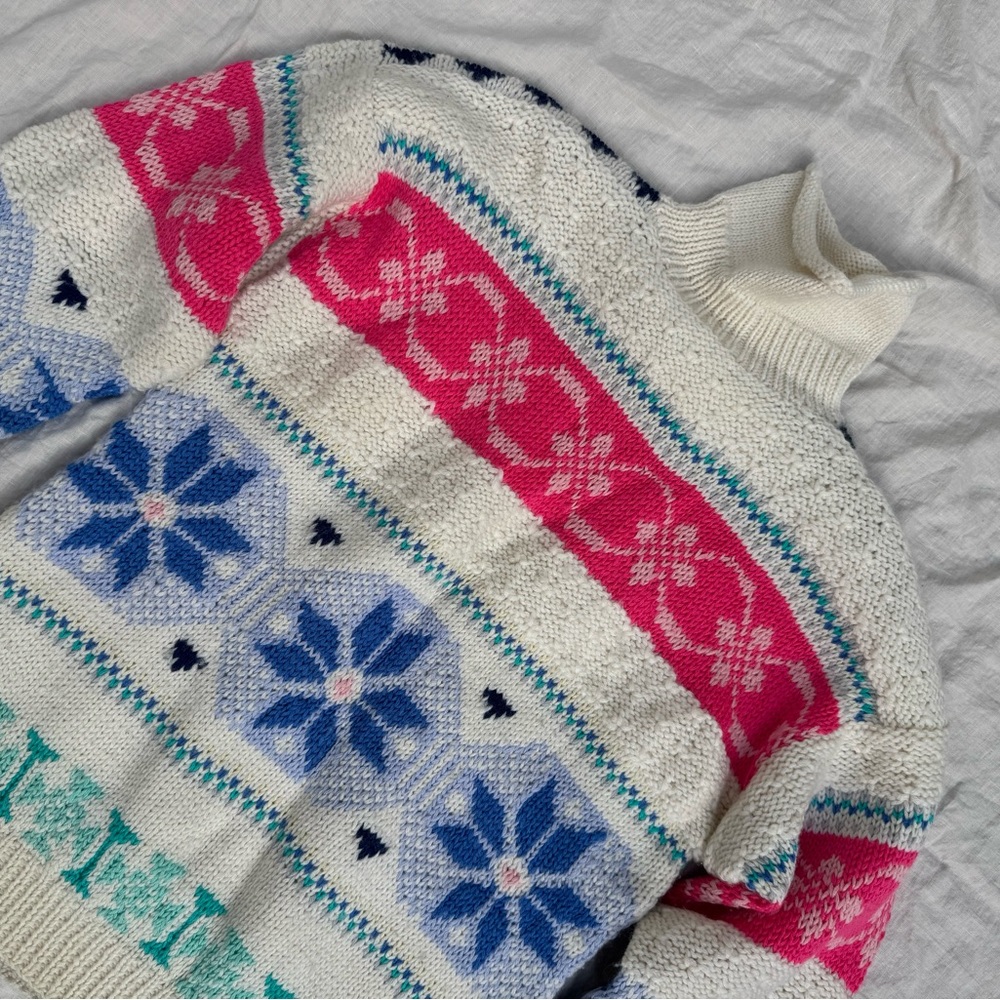 VINTAGE Obermeyer Medium Women’s Wool turtleneck sweater cream colorful knit OS - Picture 7 of 15